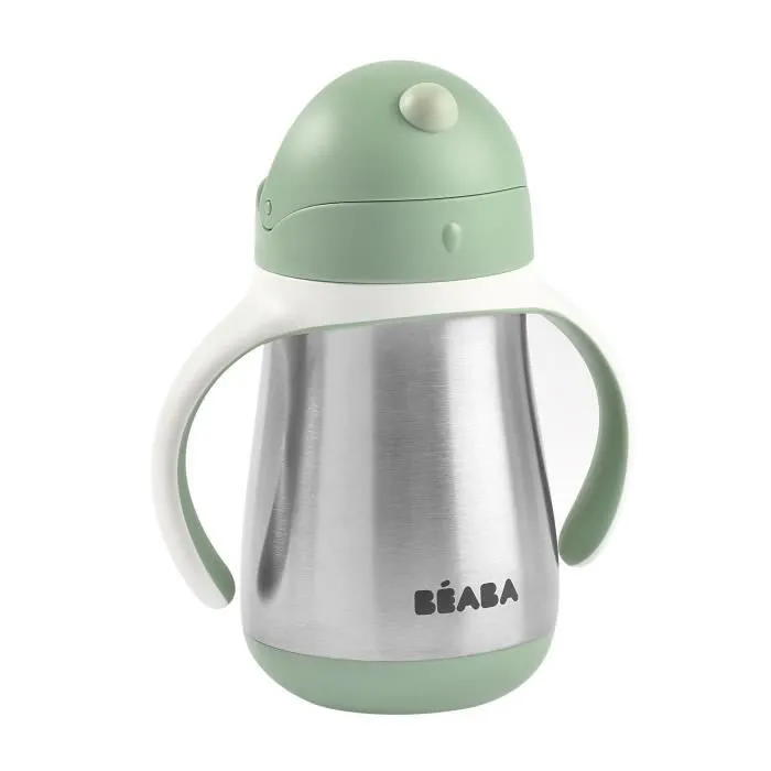 BEABA, Biberon/Tasse d'apprentissage/Gourde Bébé 2 en 1, Tasse Paille Enfant, Inox 100% étanche, Anti-fuite, 250ml, Vert sauge-0