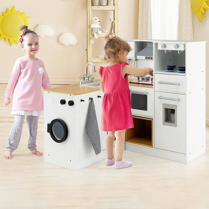 COSTWAY Cuisine d Angle Enfants en Bois 9 Accessoires Effect Sonore et Lumineux, Jeu d'imitation 3 Ans+, Cadeau idéal-5