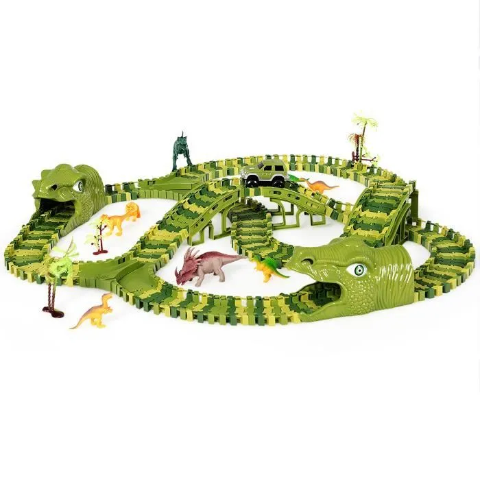 DREAMADE Circuit Voiture Dinosaure Flexible, Piste de Voiture Verte avec 240 Pièces, Jouet Éducatif, Idéal pour Enfant de 3 Ans+-0