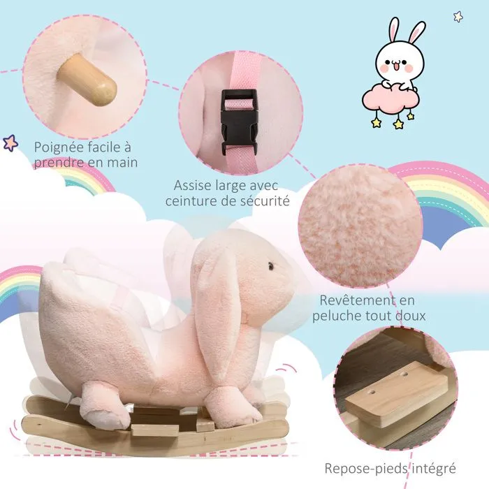 Cheval à bascule - HOMCOM - lapin fauteuil intégré - ceinture de sécurité - fonction sonore clapissement - rose-5