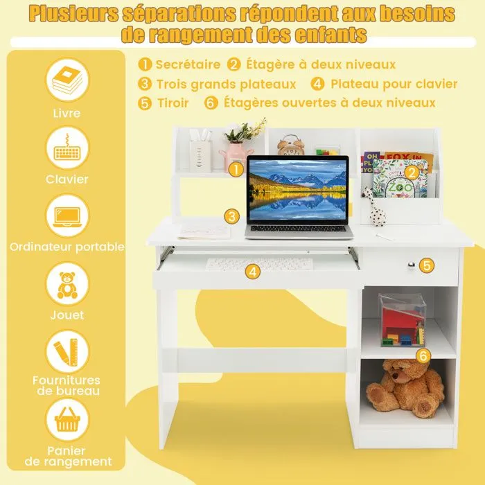 COSTWAY Bureau pour Enfant et Adolescent, avec Niche, Plateau pour Clavier, Tiroir, Étagères de Rangement, Hauteur du bureau 61 cm-2