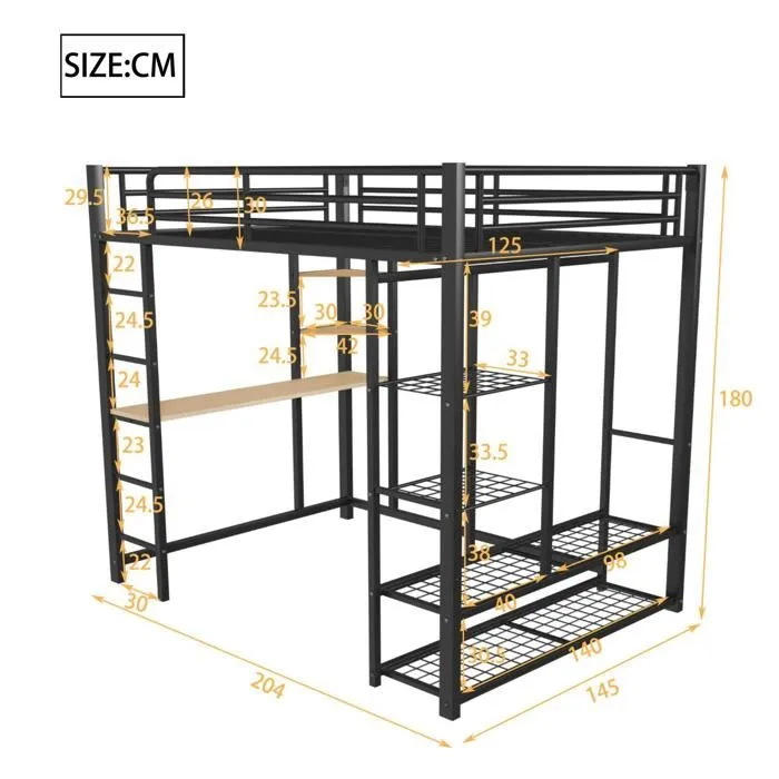 Lit mezzanine - Métal - 140x200 cm - Noir - Avec table et étagères - 1 place-2