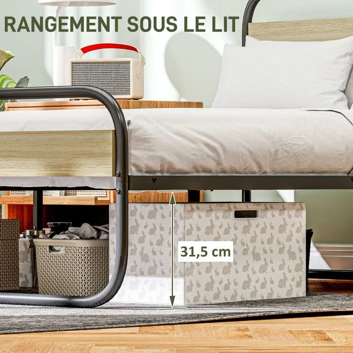 Lit double 140 x 190 cm - HOMCOM - cadre de lit en acier - style industriel - tête de lit et sommier inclus - aspect bois-5