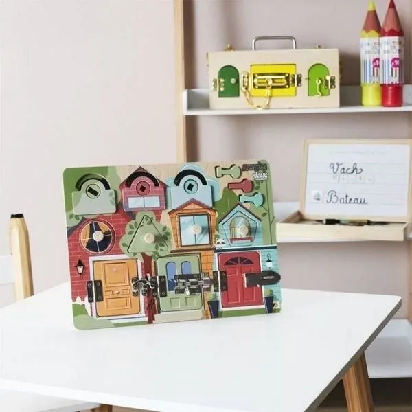 Tableau Montessori Serrures et Loquets à manipuler Jeu sensoriel - Bois - Jouet éducatif - Blanc - 10 pièces-1
