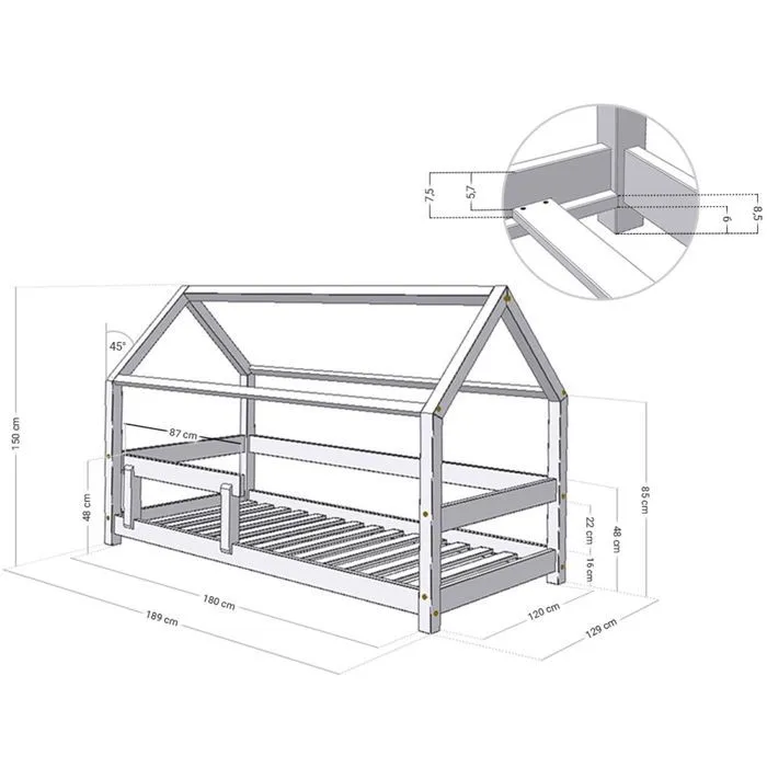 Lit cabane enfant TERY 120 x 180 Verni-2