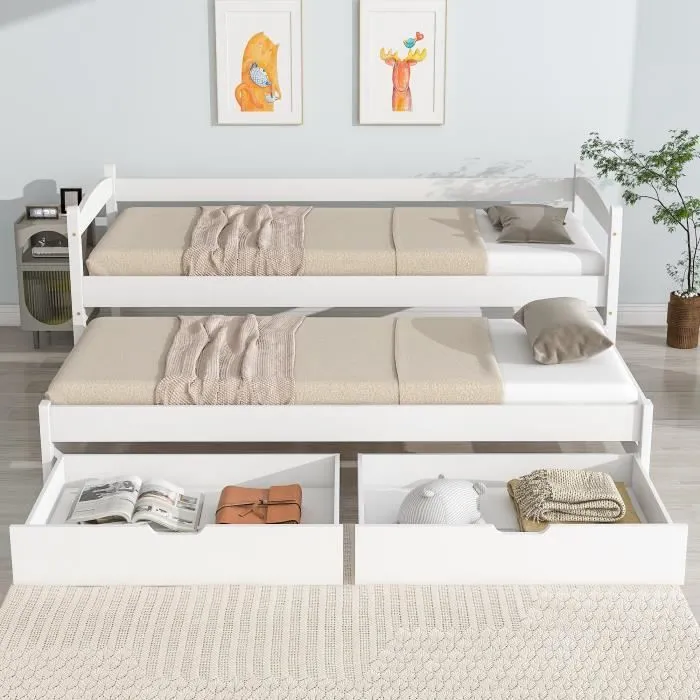 Lit gigogne avec rangement 2 places, Lit enfant avec roulettes, avec 2 tiroirs en MDF, Cadre en bois massif, Blanc,200x90cm-190x90cm-0