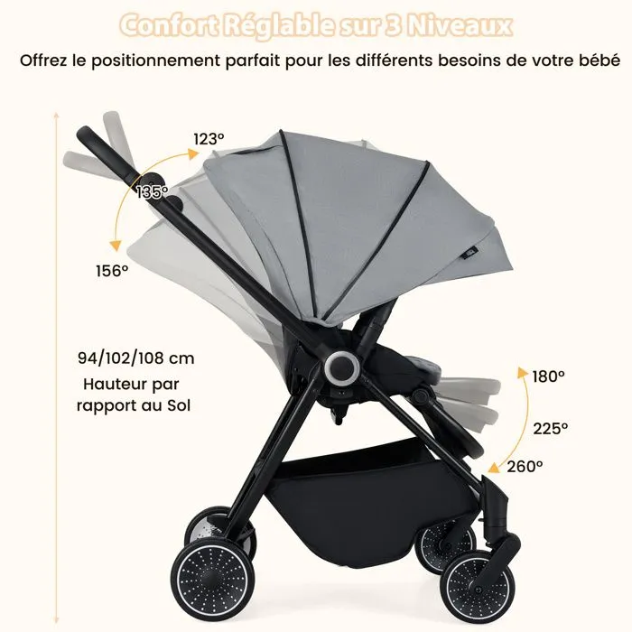 COSTWAY Poussette Canne Pliable Bébé avec Siège Réversible & Dossier Inclinable, Panier Inférieur, Harnais à 5 Points, 15 kg, Gris-5