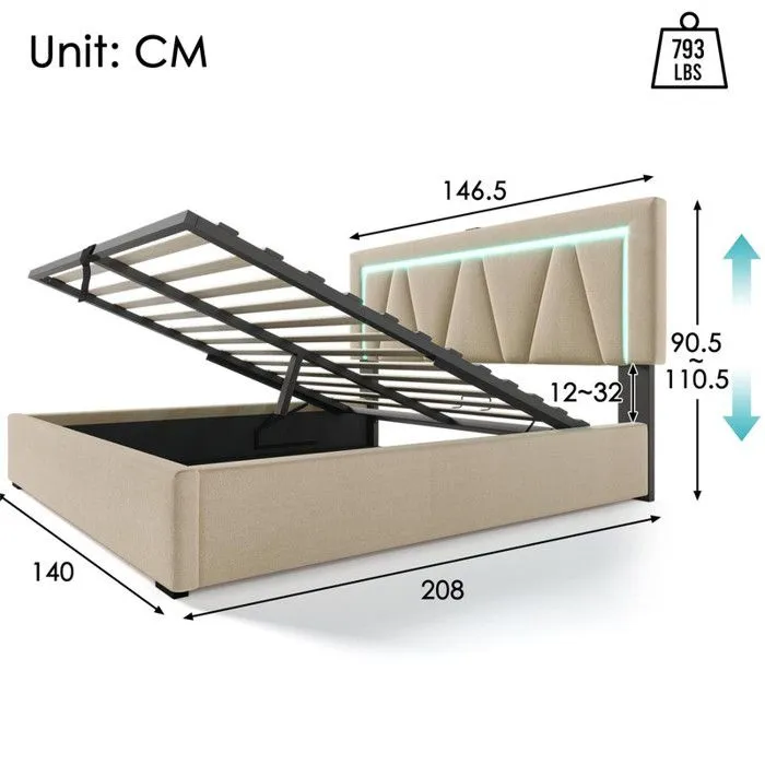 ModernLuxe Lit coffre rembourré 140x200cm avec LED et Port de charge USB et Type-C - tissu en lin - sommier à lattes - Beige-3