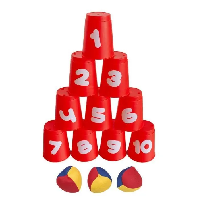 Jeu de Lancer de Balle - IDENA - 10 Gobelets et 3 Balles - Multicolore - Extérieur-0