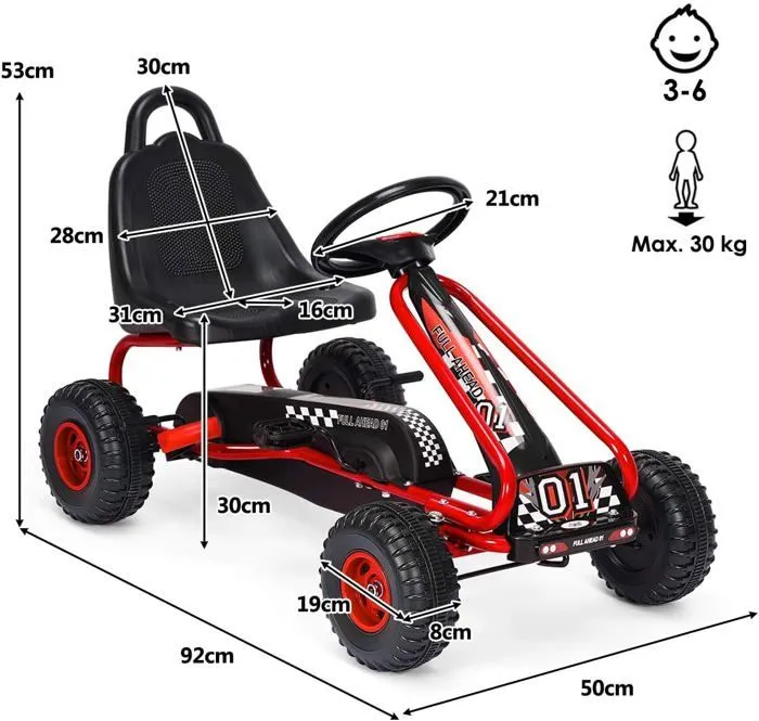 COSTWAY Kart à Pédales Vélo et Véhicule pour Enfants Siège Réglable avec Frein à Main pour l'Extérieur, 3-6 Ans, Rouge-5