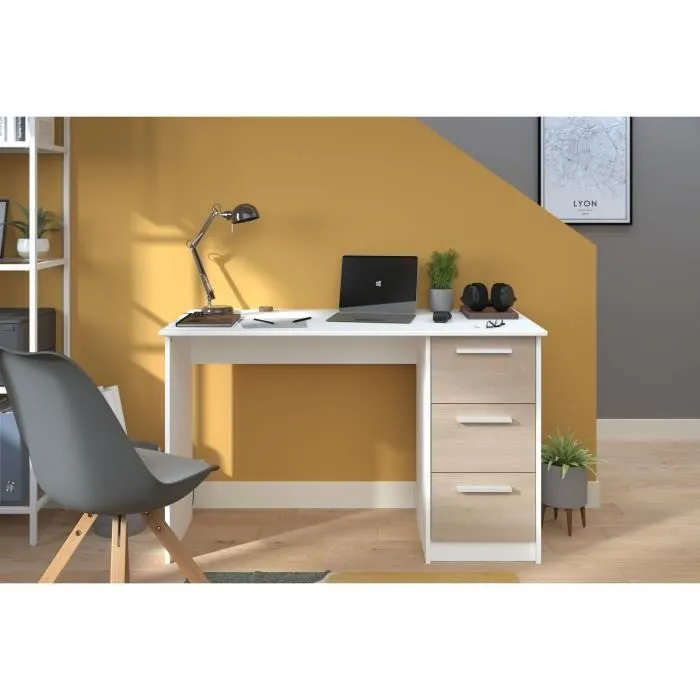 Bureau droit ESSENTIEL - 3 tiroirs - Décor chêne et blanc - L 121,2 x P 55 x H 74,5 cm - PARISOT-6