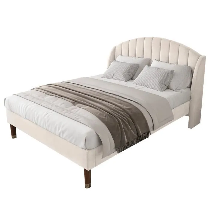 Lit double 140x190cm avec sommier à lattes en bois et tête de lit, lit ado, lit enfant - lit en velours beige-1