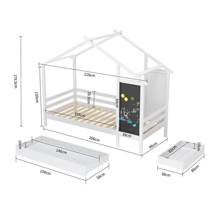 Lit cabane - DREAMMESPACE - 90x200 cm - Blanc - 1 petit tiroir - 1 grand tiroir-3