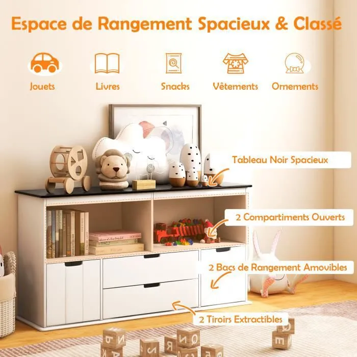 COSTWAY Coffre à Jouets pour Enfant avec Dessus de Tableau Noir, Compartiment Ouvert, 2 Tiroirs et 2 Bacs, pour Chambre d'Enfant-0