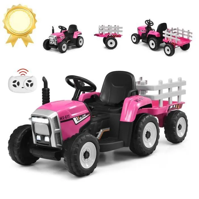 COSTWAY 12V Tracteur Électrique Enfants à 6 Pneus - Pelle, Remorque Amovible, LED, Musique - Télécommande 2,4G, 3-8km/h, Rose-2