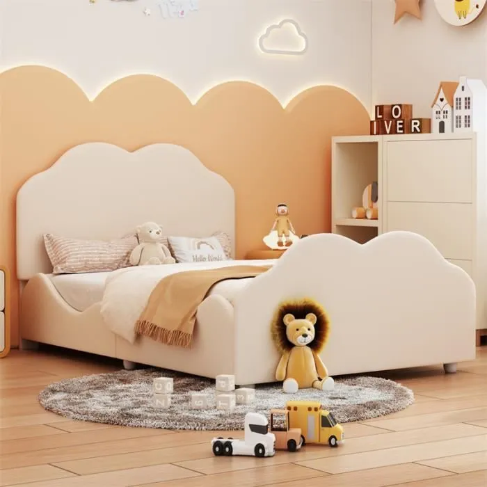 Lit enfant - DREAMMESPACE - Modèle nuage - 90 x 200 cm - Velours beige - Capacité 150 kg-1
