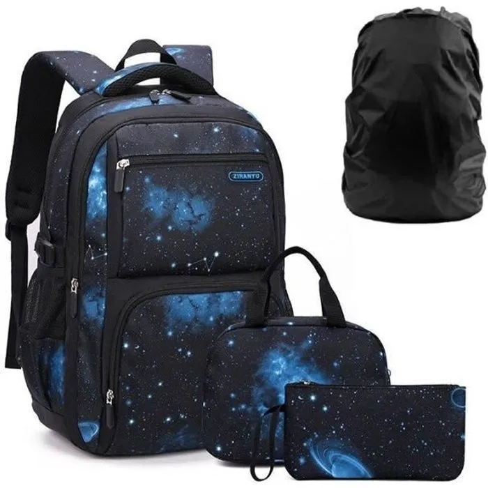 Cartable Enfant Garcon,Sac à Dos Cartable Étudiants 8 9 10 11 12 13 14 Ans CE2 CM1 2 6E,Style ciel étoilé noir et bleu-4PCS-0