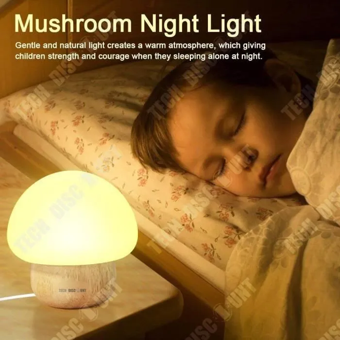 TD® Lampe de chevet champignon de bureau de lecture enfant led bois moderne fille enfant garçon chambre télécommande table décoratio-1