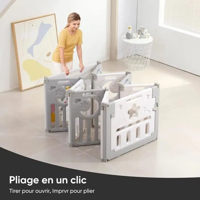 Parc Bébé Plastique Pliant 8+2 Panneaux d’Activité et Porte Barrière Sécurité Enfant Protection Intérieur Extérieur Gris Blanc-2