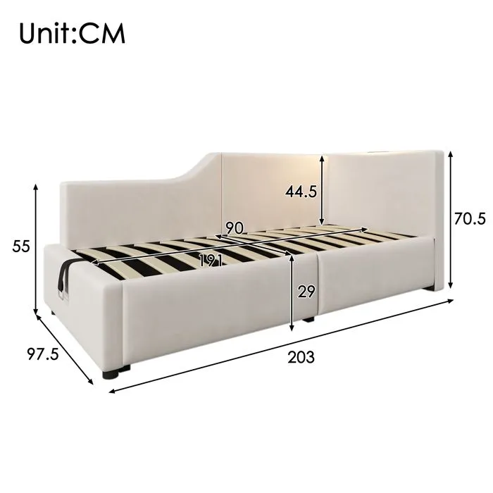 Lit coffre - Velours - 90x190cm - Beige - Avec liseuse - Ports USB-C - Sommier à lattes-5