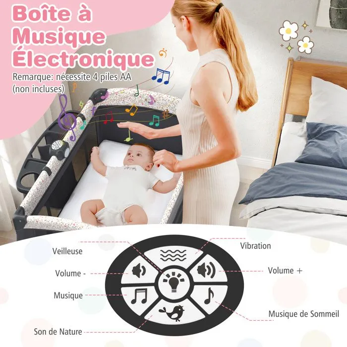 Lit Parapluie Bébé Pliant COSTWAY 4 en 1-avec Matelas,Boîte à Musique,Toit Réglable-Table à Langer Rabattable-3 Ans-Gris Fleuri-4