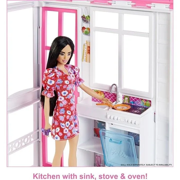 Barbie Coffret Maison De Poupée Meublée, 360 Degrés, 2 Niveaux Et 4 Zones De Jeu, Chiot Et Accessoires Inclus, de 3 à 7 Ans, HCD47-3