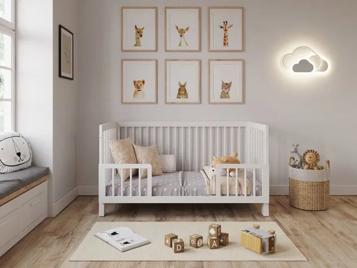 Lit Bébé Evolutif Convertible 140 x 70cm blanc, Lit d'enfant en bois 3 EN 1, 3 Niveaux de Réglage de la Hauteur-0