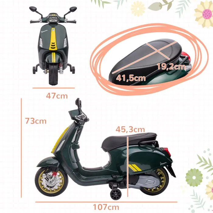 Scooter électrique enfant AIYAPLAY Vespa 6 V dim. 107L x 47l x 73H cm Musique MP3 Port USB Phare 2 roulettes, pour 3-6 ans, Vert-3
