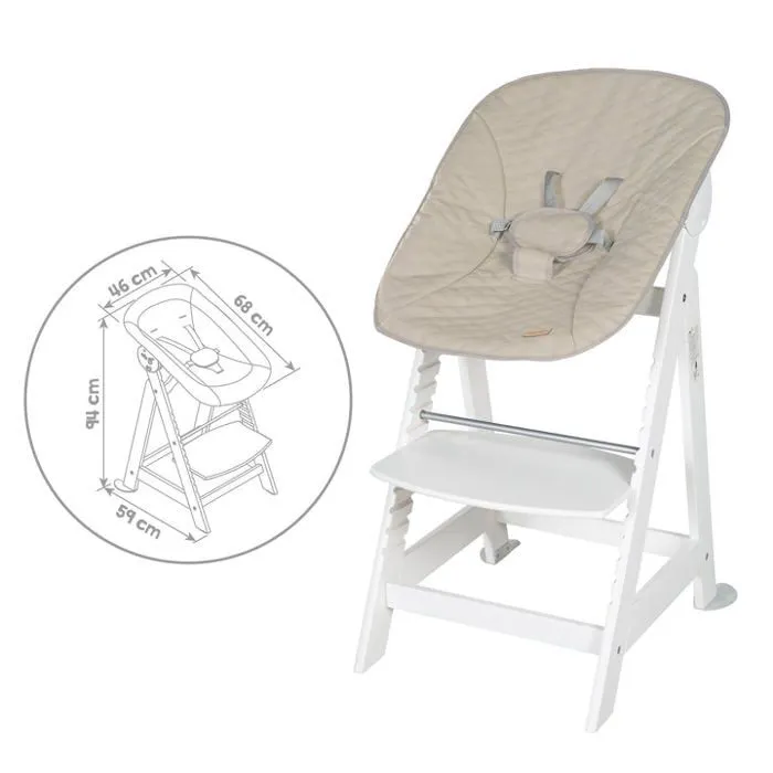 ROBA Chaise Haute Évolutive Born Up 2 en 1 + Transat Inclinable - Greyish matelassé - Dès la Naissance - Bois Blanc-4