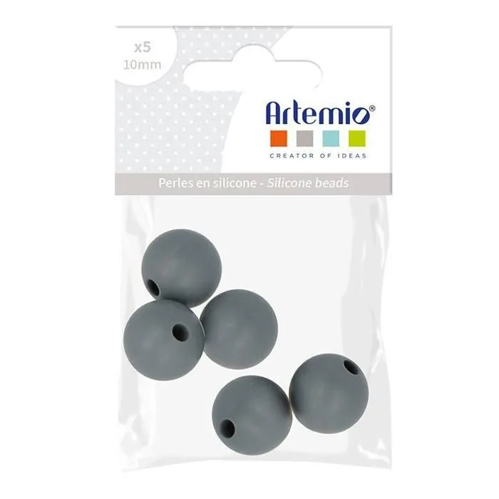 Lot de perles rondes en silicone - 10 mm - Gris - 5 pcs-1