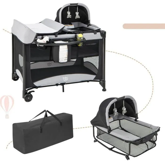 COSTWAY Lit Parapluie Bébé Pliant 5 en 1 Berceau de Voyage Amovible avec Matelas,Auvent Réglable,2 Jouets,Table à Langer Noir-0