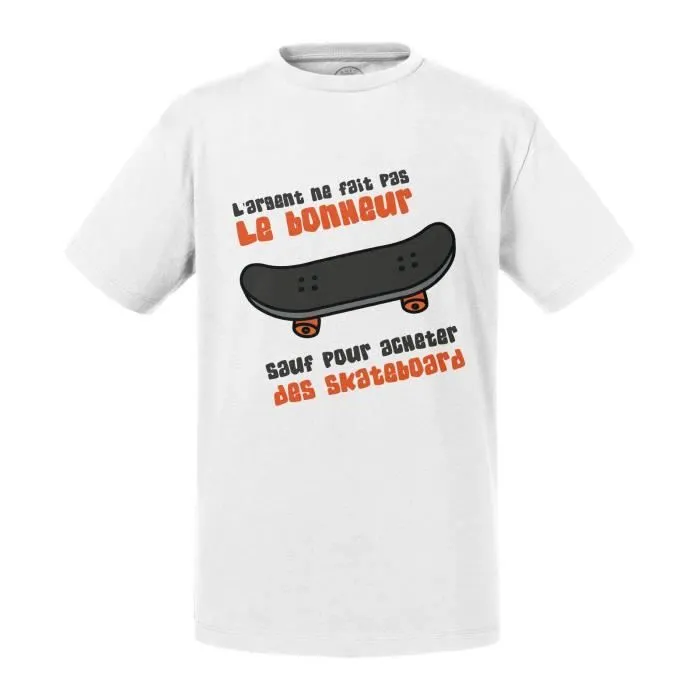 T-shirt Enfant Blanc Skate - L'argent ne Fait Pas le Bonheur Skateboard-0