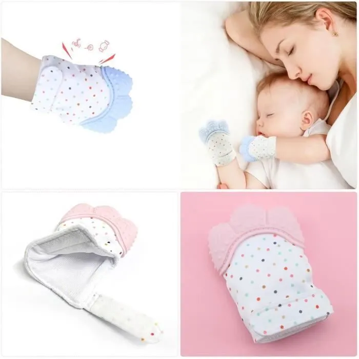 4 Pcs Mitaines de dentition pour bébés,gant de dentition mitaine de dentition en silicone,apaisante Pain Relief,Âge 3–12 Mois bébé-3