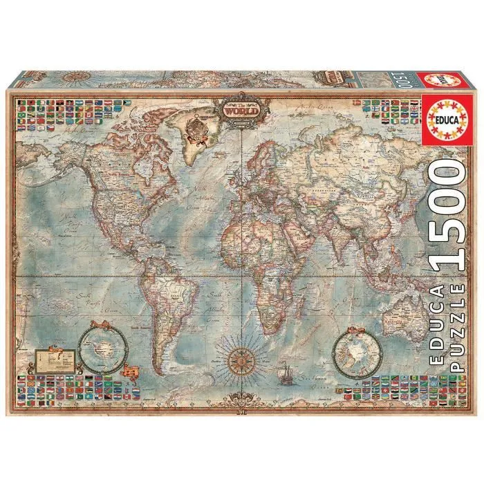 Puzzle EDUCA - 1500 pièces - Le Monde, Carte Politique-0