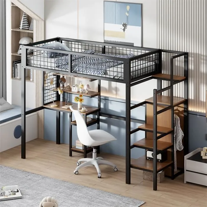 Lit mezzanine - Enfant - 90x200cm - Noir - Échelle de sécurité - Bureau intégré-1