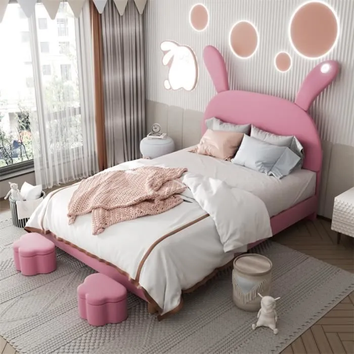Lit 140x200cm - DREAMMESPACE - Oreilles de lapin - Lampe - Velours rose-1