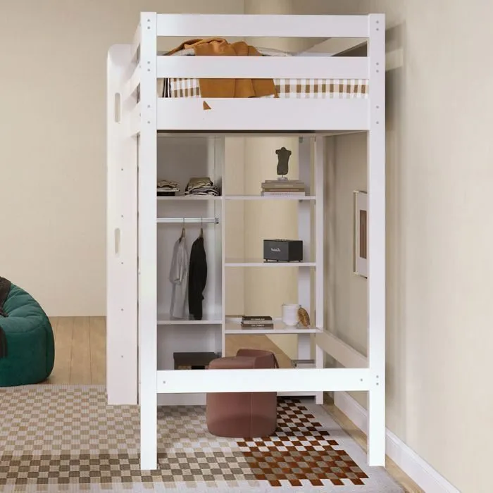 Lit mezzanine 90x200cm avec armoire, étagères, barrières anti-chutes et échelle, cadre en pin, blanc-4