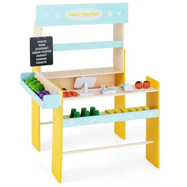 COSTWAY Marchande Enfant 3 Ans+ en Bois - 36 Légumes et Fruits, Machine POS, Tableau Noir et Scanner-0