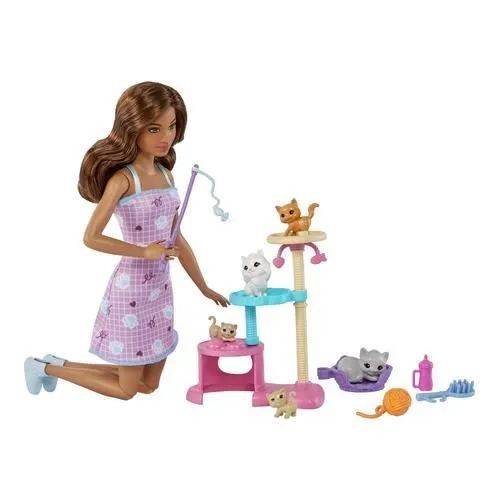 BARBIE KITTY MAISON DE JEU AVEC POUPÉE BARBIE (BRUNETTE), 1 CHAT, 4 CH-1