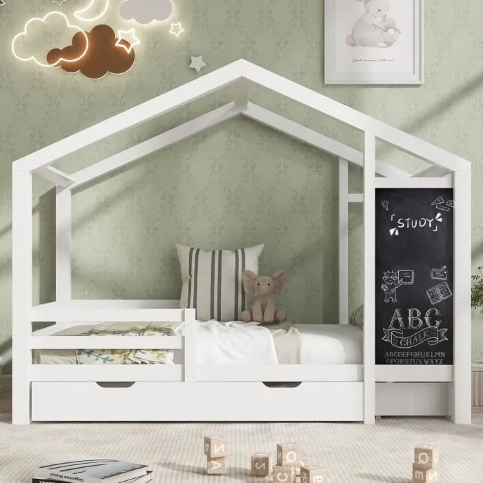 HOMAVO Lit enfant, Lit 90 x 200 cm, lit en bois avec planche et 2 tiroirs, bois massif avec clôture et sommier à lattes, blanc-0