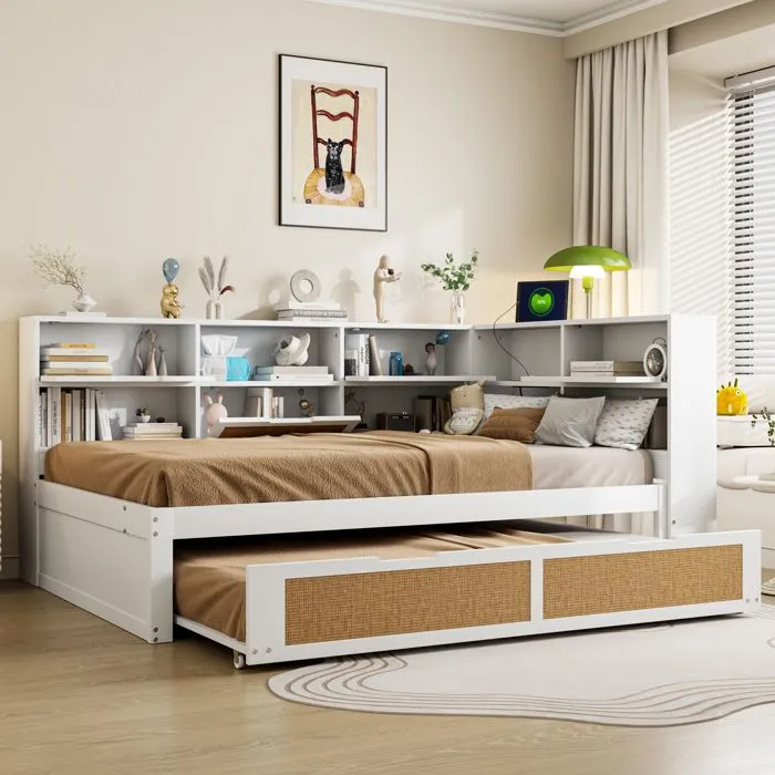 Lit gigogne - Canapé-lit - 140x200cm + 90x190cm - Bois massif - Blanc - Rangement intégré-4