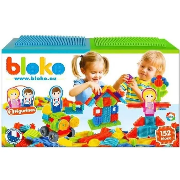 Jouet de construction - BLOKO - Coffret de 150 avec 2 Plaques de jeu et 2 Figurines Famille-0
