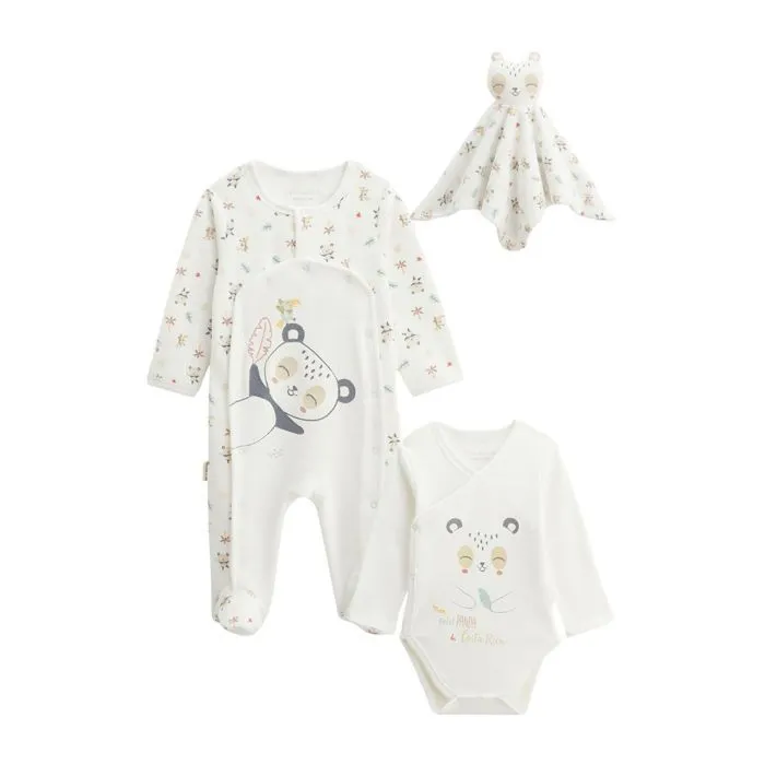 Kit naissance 3 pièces - Baby Panda - Pyjama, Body, Doudou - Ecru - Mixte - Confortable-0
