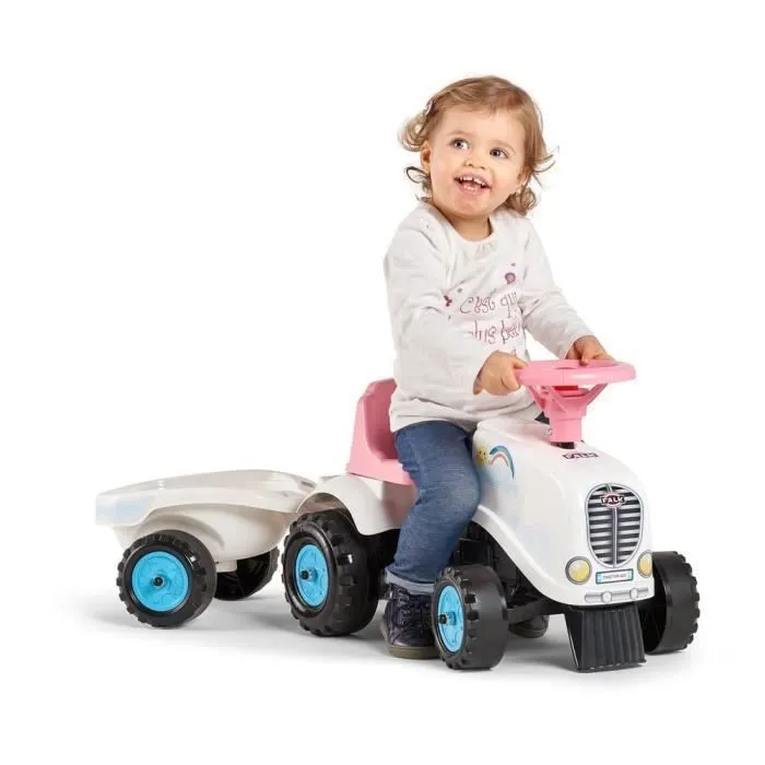 Porteur Tracteur Rainbow Farm avec remorque - FALK - Pour filles dès 1 an - Formes rondes et couleurs pastels-3