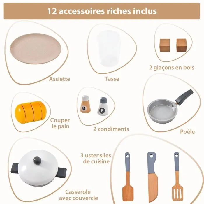 COSWAY Cuisine Enfants 3-10 Ans, 12 Accessoires, Réfrigérateur Amovible, Effect Son et Lumière Gris-3