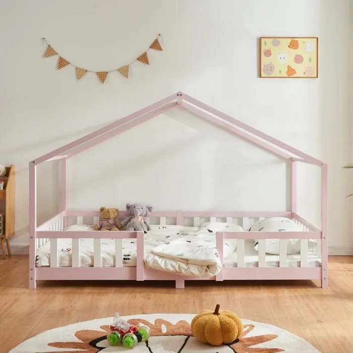 Lit d'enfant Treviolo Forme Maison avec Matelas à Mousse à Froid 200 x 140 cm Rose-1