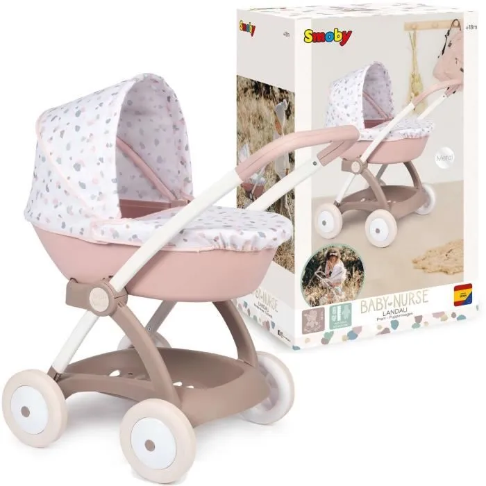 Poussette Landau pour poupée Baby Nurse - Smoby - Avec nacelle et canopy en plastique - Rose et blanc-0