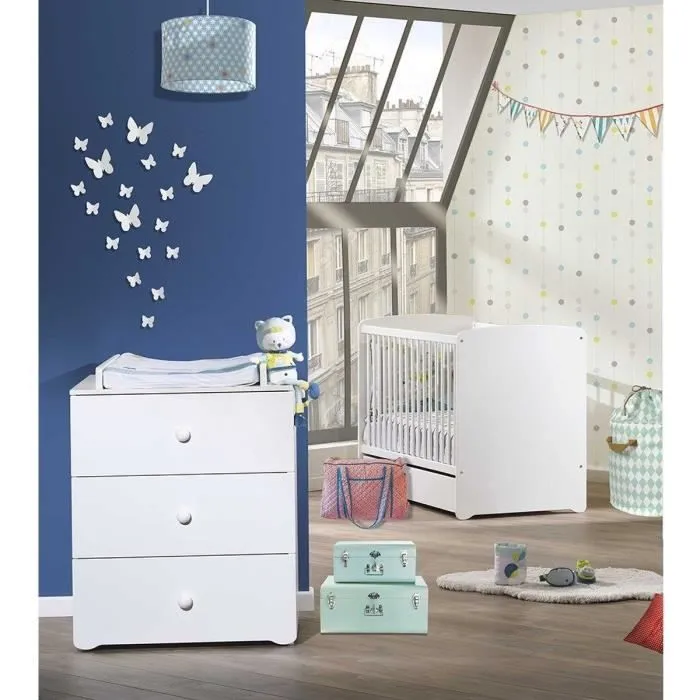 Chambre bébé duo Basic boule: Lit 120x60, commode à langer - Babyprice - Blanc-0