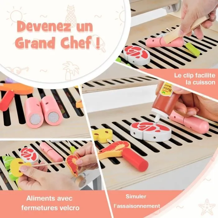 COSTWAY Jouet Barbecue Grill en Bois pour Enfants 3 Ans+, 17 Accessoires, Couvercle Rabattable, Son Réaliste Cadeaux Idéal-1