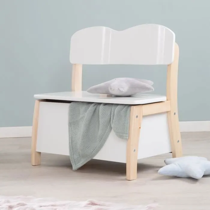 Banc Coffre à Jouets pour Enfant en Bois - ROBA - Meuble de Rangement 2 en 1 - Blanc / Naturel-1